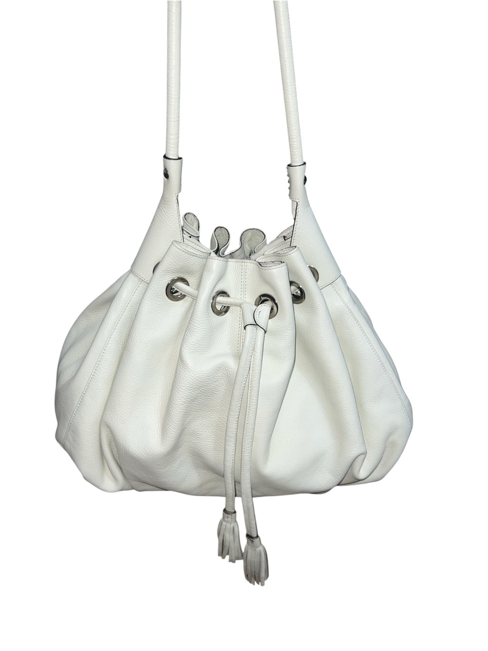 Abro White Pebbled Leather Drawstring Bucket Bag Hobo German Luxury
